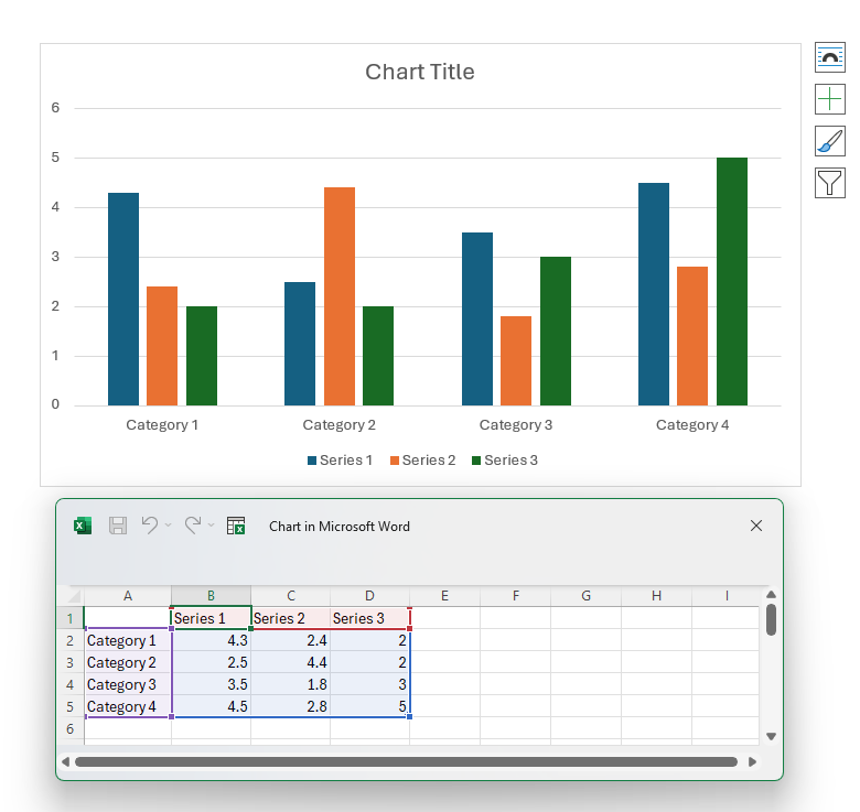 Chart inserted onto page in Word